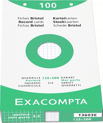 100 fiches Bristol Blanches s/étui- 125x200 mm- Q.5x5 perforées