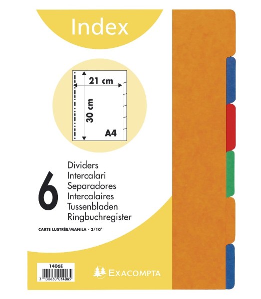 Intercalaires carte lustrée – A4 – 225 g – 6 positions – Coloris assortis