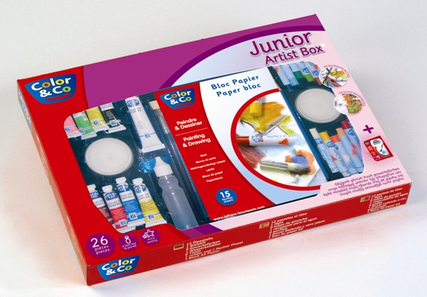 Coffret « Junior Artist box »: 12 pastels à l’huile,1 crayon , 8 x 10ml ,1 x 20ml,2 pinceaux,6 godets,1 réserve d’eau,1 bloc  A5