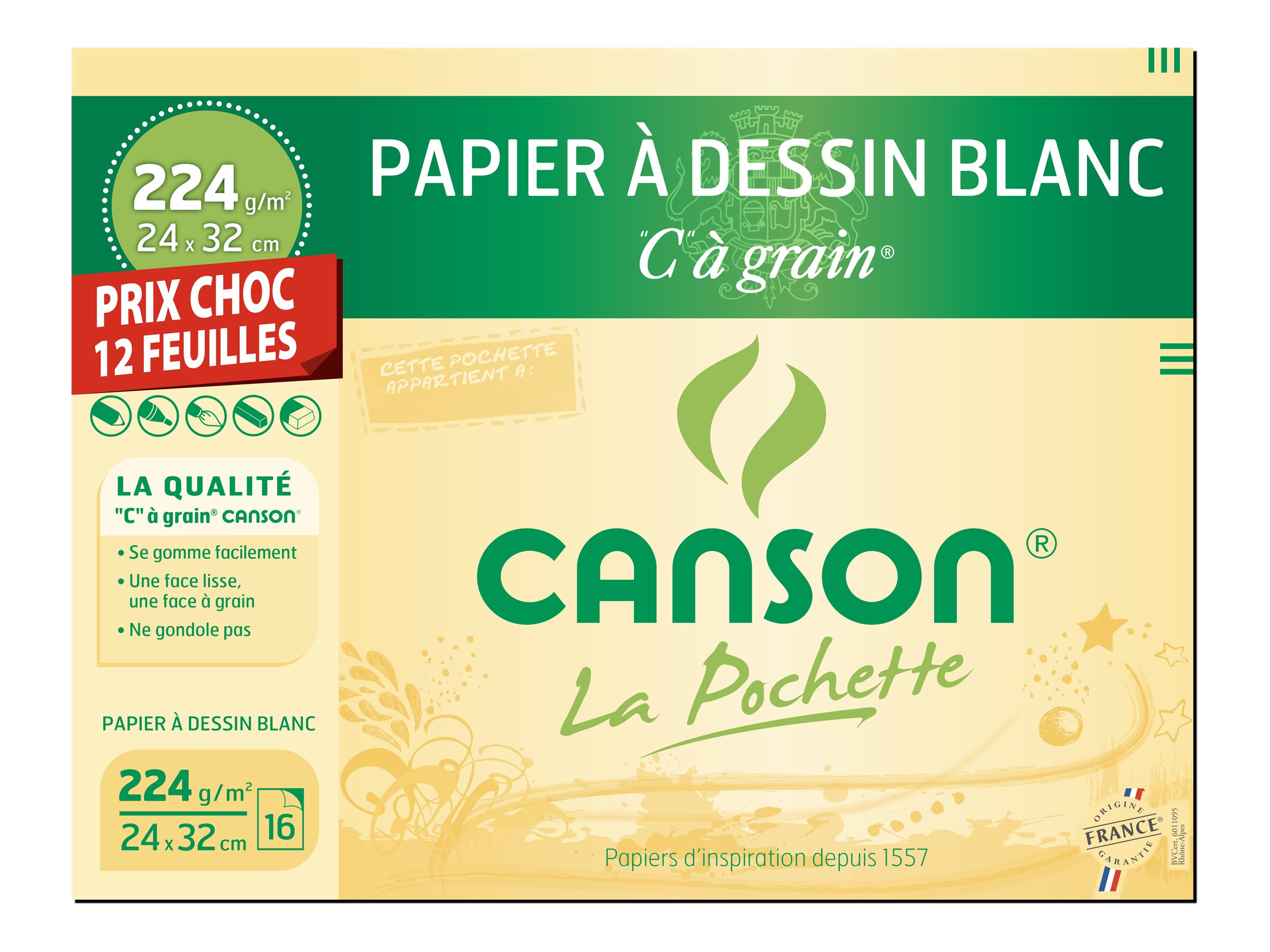 Papier dessin Blanc à grain – 12 feuilles 24 x 32 cm – 224 g -PRIX CHOC