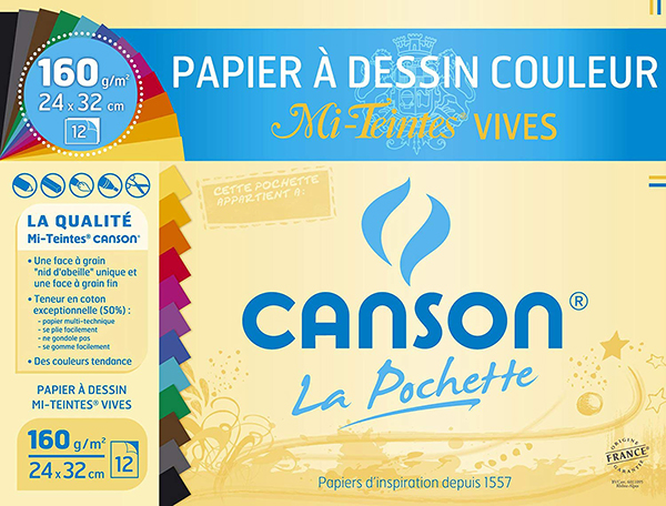 Papier dessin à grain – Couleurs vives – 12 feuilles 24 x 32 cm – 160 g