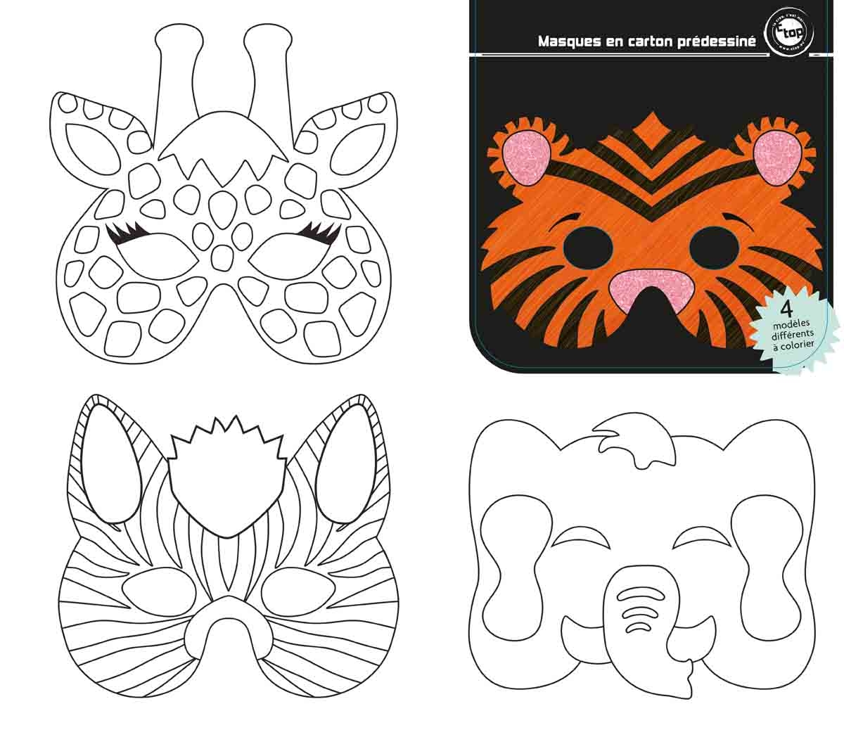 Masques carton prédessiné animaux jungle 17 x 14 cm x 12 pcs