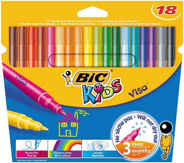 Feutres de coloriage BIC Kids visa. Pointe de 2,0 mm. Couleurs vives. Etui carton de 18