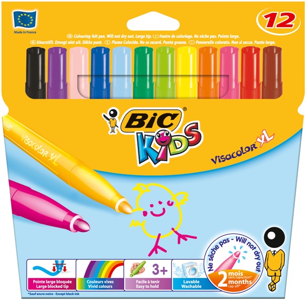 Feutre de coloriage BIC kids visacolor xl. Pointe ogive de 4,5 mm. Etui carton de 12