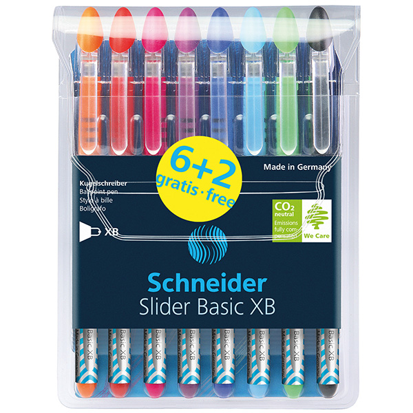 Stylo bille  – Slider Basic  -Viscoglide ® – pointe large – Pochette de 8 assortis