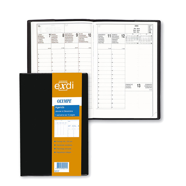 Agenda semainier – OLYMPE – Noir – 16 X 24 cm  1 SEM/2 PAGES – MILLESIME 2020-2021