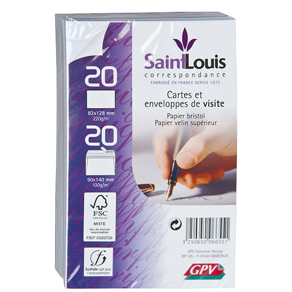 20 cartes de visite 82x128mm + 20 enveloppes 90x140mm