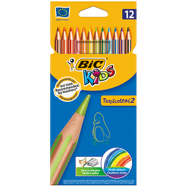 Crayon  couleur 18 cms BIC kids tropicolors2 – Pte 2,5 mm – Corps hexagonal – Etui 12