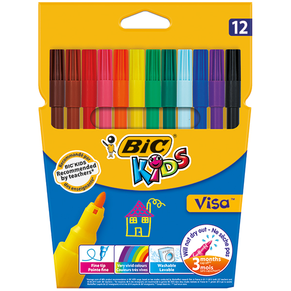 Feutres de coloriage BIC Kids visa. Pointe de 2,0 mm.Couleurs vives. Etui carton de 12