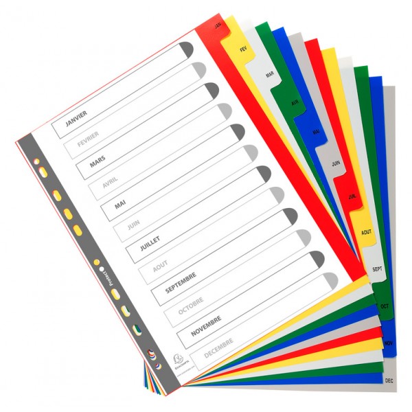 Intercalaires Polypro touches imprimées couleurs – 12 positions janv à décembre – Format A4 maxi