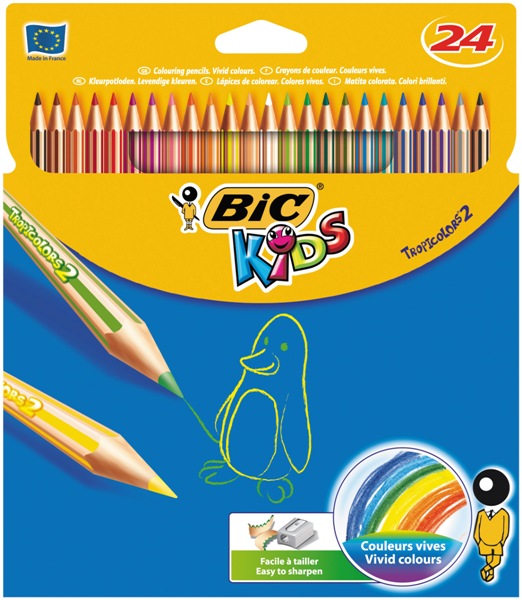 Crayon  couleur 18 cms BIC kids tropicolors2 – Pte 2,5 mm – Corps hexagonal – Etui 24