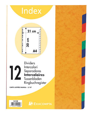 Intercalaires carte lustrée – A4 – 225 g – 12 positions – Coloris assortis