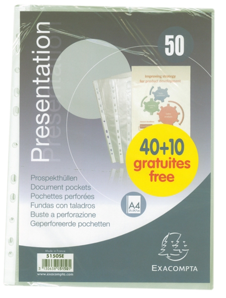 Sachet de 50 pochettes perforées Polypropylène grainé 5/100e – A4