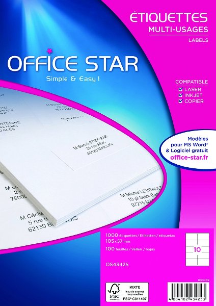 1000 Etiquettes Blanches multi-usages format 105 x 57 mm (100 Flles) OFFICE STAR