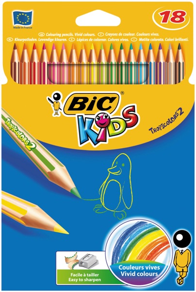 Crayon  couleur 18 cms BIC kids tropicolors2 – Pte 2,5 mm – Corps hexagonal – Etui 18