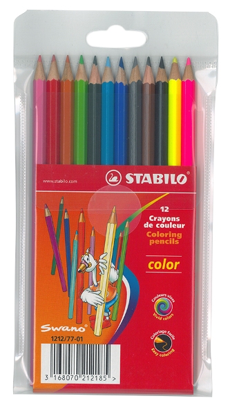 Crayon  couleur 18 cms – pointe 2,5 mm – STABILO color – avec 2 fluo – Etui 12 coul