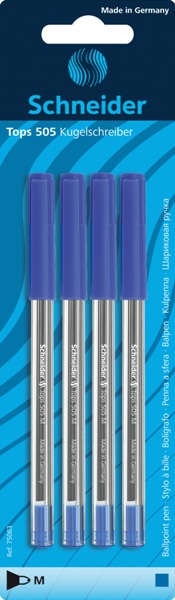 4 stylos à bille bleu SCHNEIDER – Tops 505 M – pointe moyenne –
