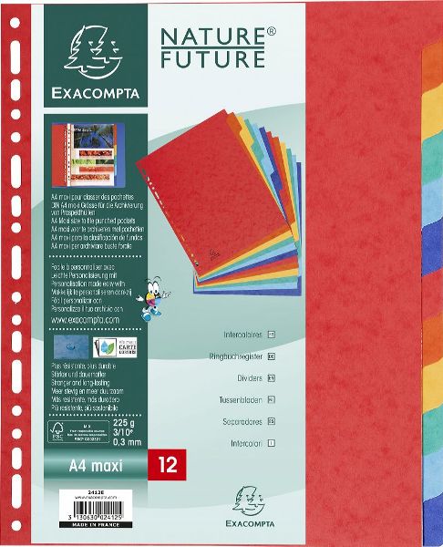 Intercalaires carte lustrée – A4 maxi – 225 g – 12 positions – Coloris assortis