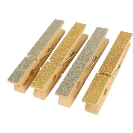 Pinces à linge bois or, argent pailleté 7,3 x 1 cm x 4 pcs