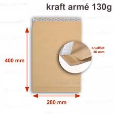 Boite de 250 pochettes kraft armé à soufflets 280x380x30 130 g bande adhesive