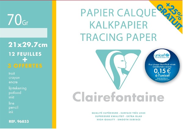 Pochette papier calque – 12 feuilles A4 – 70/75 g – CLAIREFONTAINE + 3 feuilles GRATUIT